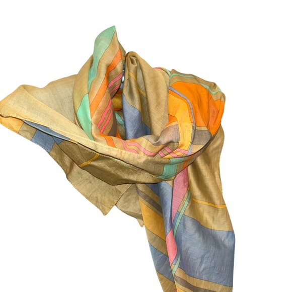 YSL vintage neutrals khaki pastel graphic print polished cotton scarf shawl wrap - Picture 3 of 7